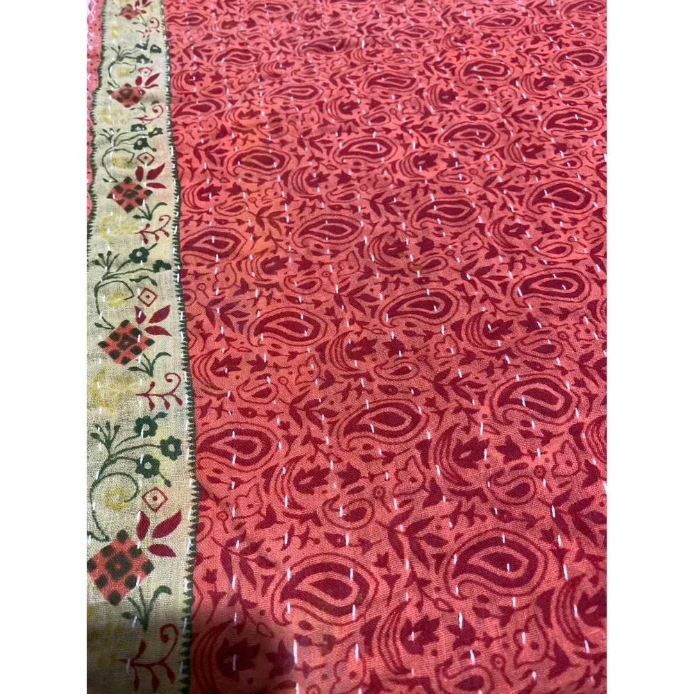Handstitched Kantha Quilt Reversible Cotton Throw Peacock Paisley Burgundy Red